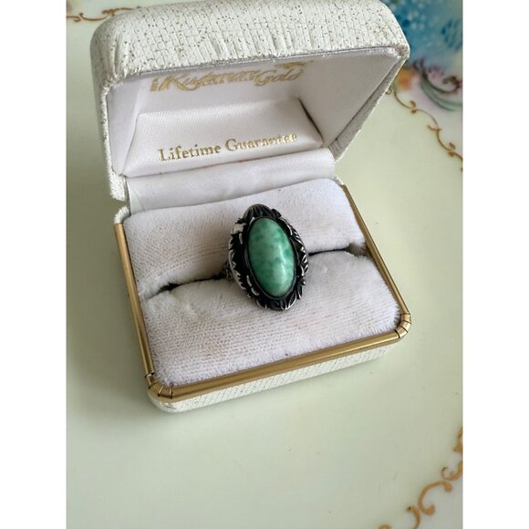 Art Deco 30's Sterling Silver Ring Green Speckled Peking Glass Size 6.25 - Picture 1 of 10